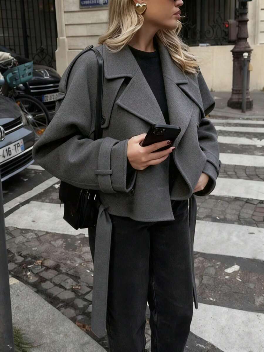 Women's Casual Loose Double-Breasted Lapel Short Jacket - Grey - View 1