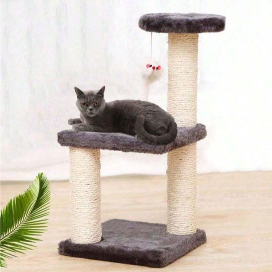 Árbol para Gatos, Torre Tres Capas con Postes Rascadores de Sisal, Centro de Actividades, Juguete para Ratones, Casa de Juegos para Gatitos, Mueble para Gato - Gris - Ver 1