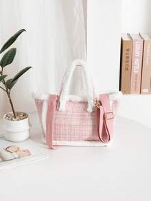 女士毛绒手提包单肩包，秋冬新款时尚优雅可爱托特包，千鸟格拼接仿毛皮，大容量单肩包，可调节肩带，女士休闲外出和日常使用的完美礼物