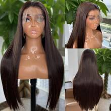 13x4深棕色合成蕾絲前套假髮長直巧克力棕色合成蕾絲前套假髮預拉自然髮線無黏著熱阻纖維髮假髮,適用於時尚女性 - 棕色 - 查看 3