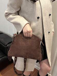 1 pièce Nouveau sac à main croissant à franges pour femmes en automne/hiver, sac fourre-tout minimaliste à la mode , convient pour les rendez-vous, les cadeaux, les déplacements, les courses - Café - Voir 4