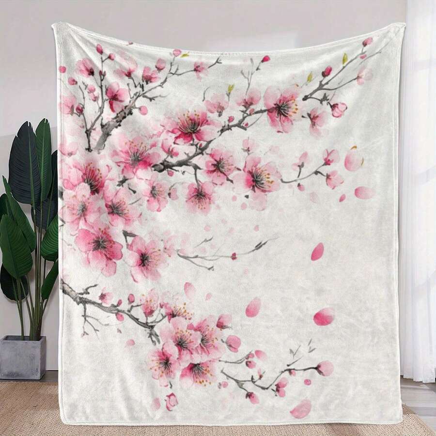 Ultra-Soft Pink Flannel Tapestry With Peach Blossom Design For Room Decoration And Wall Decor- A Cozy Blanket And Wall Hanging For Friends To Enhance Home Aesthetic With Artistic Style And Warmth, Digital Printing 280gsm, Cherry Blossom Flannel Blanket, Plum Blossom Plush Blanket- Cozy Winter Gift, Valentine'S Day Gift - 多色3 - 查看 1