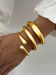 3 件套时尚朋克老钱风格简约金色几何光滑不对称泪珠金属手镯套装，适合女性，厚重光滑金属和锌合金材质