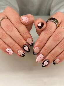 Valentine's Day, 24pieces Oval-Shaped Sticker Nail Art, Valentine's Day Heart-Shaped Dot Bow Edge Pink Bow Sweet Design Full Coverage Nail Art Sticker Set, False Nails, Suitable For Ladies' Dates, Parties, Daily Work, Parties And Other Occasions, Enhancing Your Charm - Multicolor - View 1