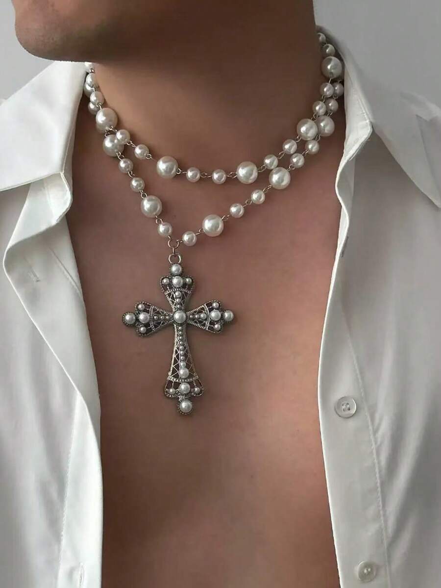 一套男士宫廷风仿珍珠多层十字架项链，双层白色仿珍珠链+大型仿珍珠十字架吊坠，散发宗教复古气息，适合宗教仪式、复古服饰和高端场合。 - 白色 - 查看 1