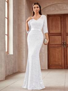 MIUSOL Elegant Women's V Neck Full Lace High Slim Mermaid Hem Maxi Dress, Sweetheart Neckline With 3/4 Sleeves, For Formal Evening Party, Wedding Guest, Birthday Event - 白色 - 查看 4