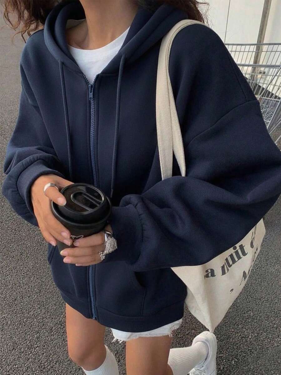 新款基础款藏蓝色拉链连帽抽绳宽松卫衣，女款，秋冬款 - 藏蓝色 - 查看 1