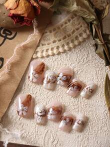 10片装美甲贴片，美甲用品，浅咖啡色、棕白玫瑰油画风格假指甲，短款，适合日常办公佩戴，人造指甲套装包含1张粘性贴片和1个迷你指甲锉。 - 彩色 - 查看 4