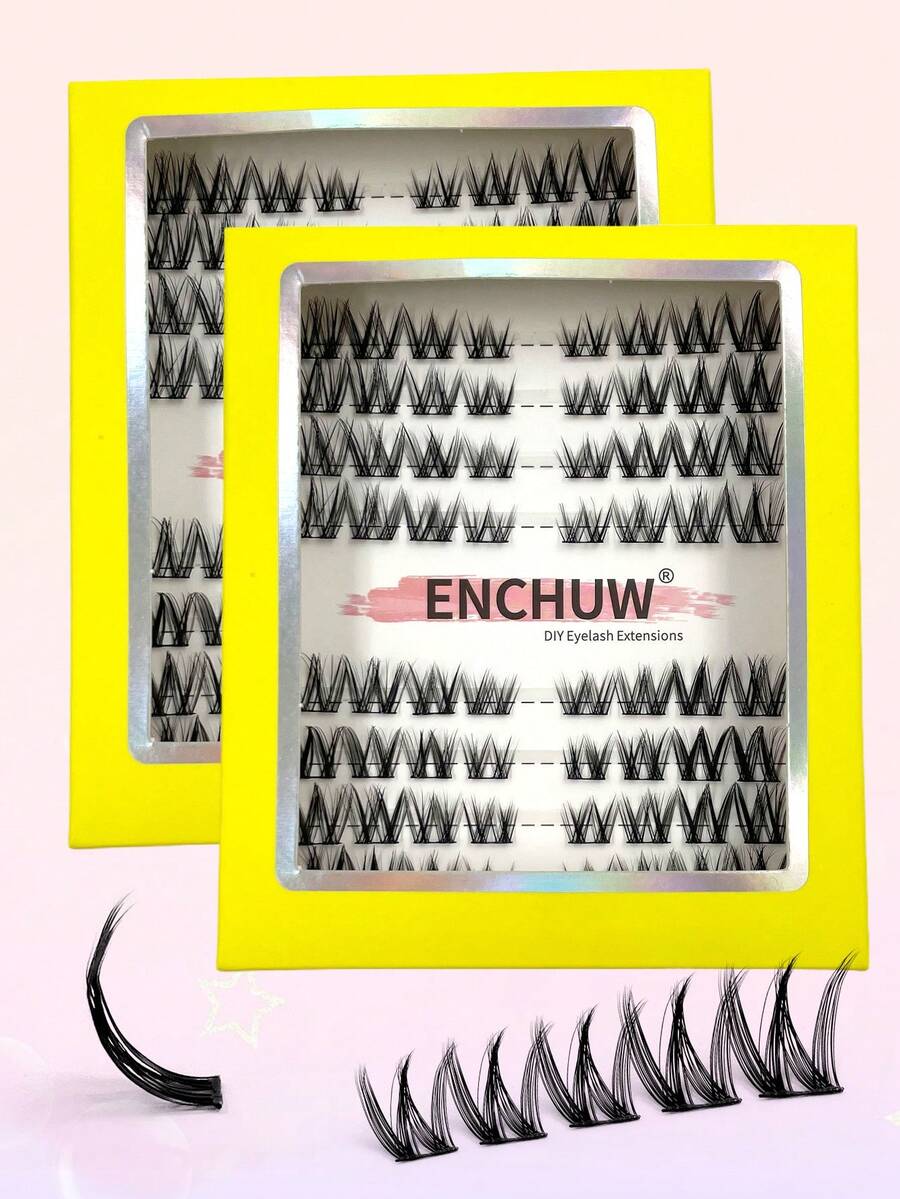 Set de 64 piezas de grupos de pestañas de dibujos animados rizado, extensión de pestañas DIY, pestañas individuales naturales delicadas, grupos de pestañas rizadas gruesas y esponjosas - Negro - Ver 1