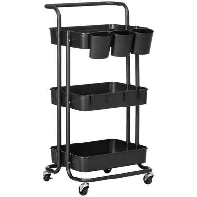 HOMCOM Serving Cart With Wheels And 3 Shelves, Storage Baskets, Kitchen Cart With Hooks, Storage Cart, Utility Cart For Kitchen, Living Room, Steel, Black