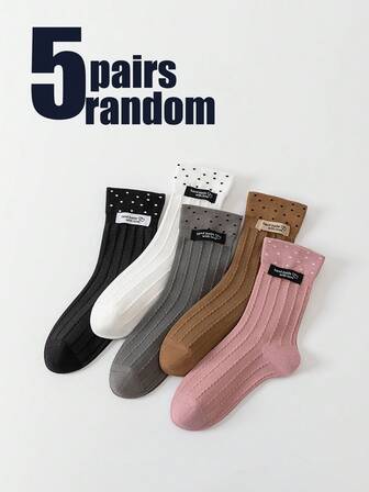 5 Pairs Random Cute Graphic Crew Socks For Women, Casual & Versatile For Daily Wear And Parties