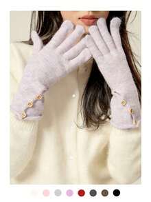 Guantes de punto de calidad premium refinados para mujeres con puño con botón - Elegancia discreta, muñeca ajustable, compatible con pantalla táctil, diseño sencillo de cinco dedos, unicolor, a prueba de viento y cálidos para otoño/invierno