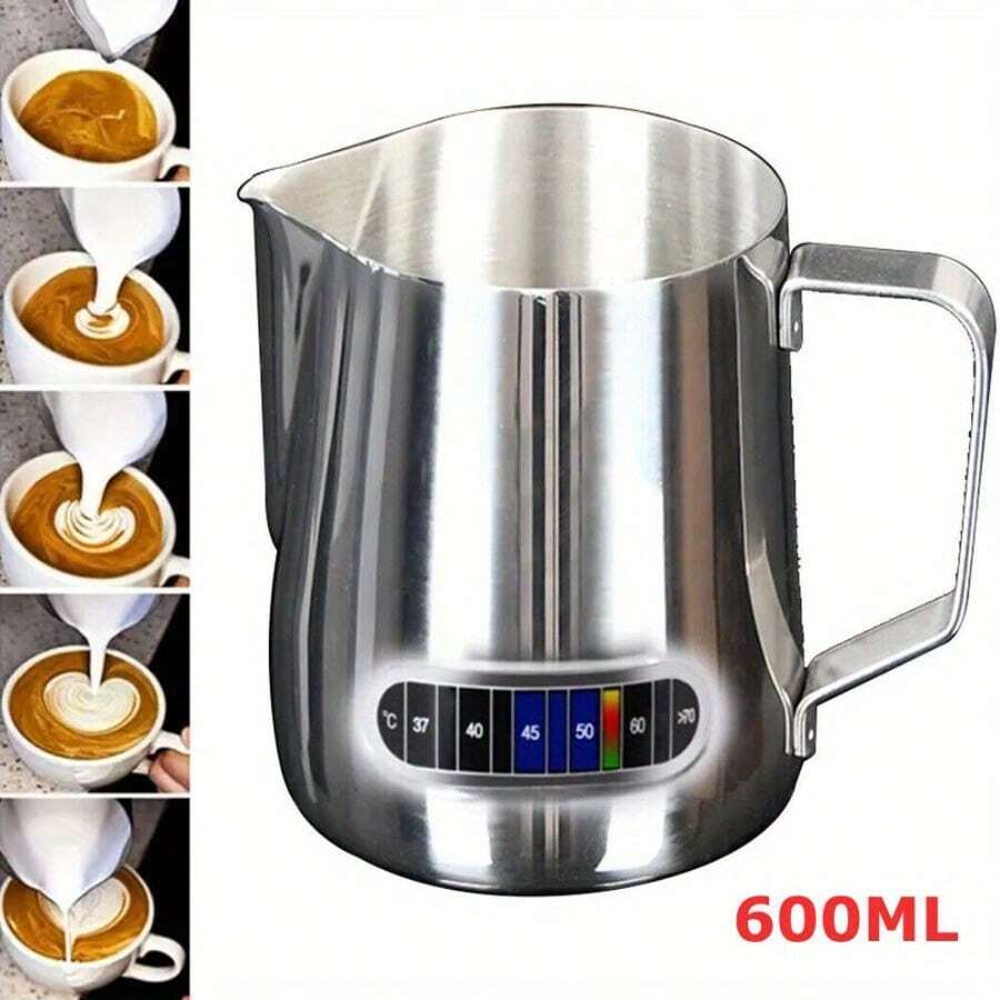 1Pc Coffee Milk Frothing Jug Frother Latte Container Metal Pitcher With Thermometer - Silver - View 1
