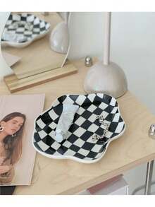 2 Stück Keramik Löffelablage, blumenförmiger Suppenlöffelhalter, kleine Tellerschale, Schachbrett- & Wolkenmuster Keramikteller, Dessert-/Salat-/Frühstücksteller, elegante Schmuck- & Kosmetikaufbewahrungsschale, geeignet als Fotografie-Requisite