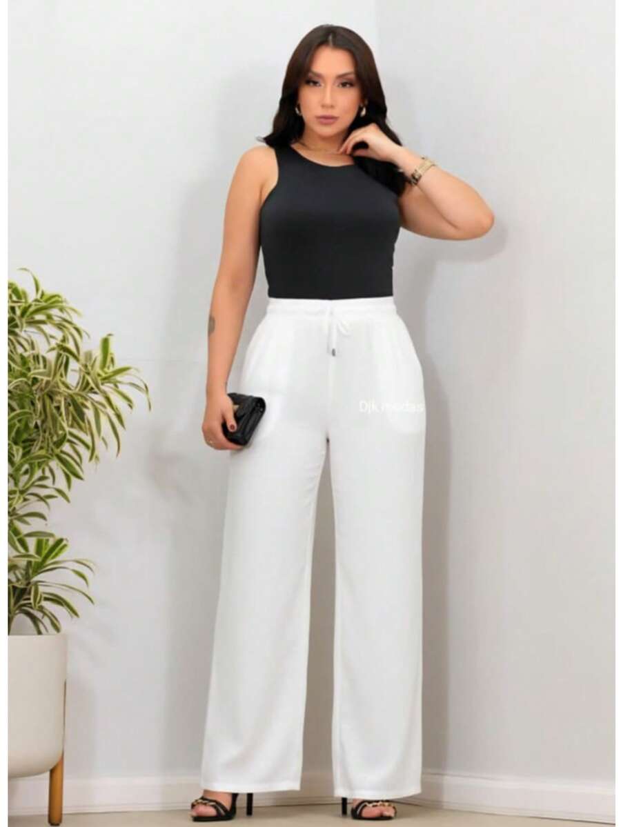 Wide-Leg Pants In DUNA Fabric With Lining, Pockets, And Elasticated Waist. - White - View 1
