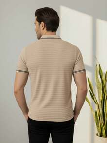 Men's Basic Casual Polo Shirt With Striped Collar And Sleeves, Comfortable Premium Piqué Knit - 沙 - 查看 2