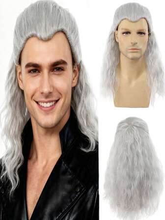 24英寸长银灰色卷发男士假发，游戏《巫师》角色扮演服装假发，耐热合成万圣节假发