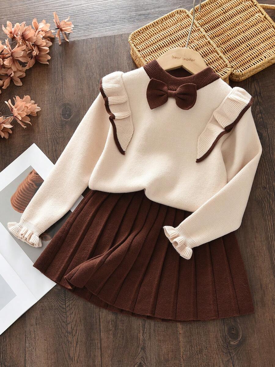 女童可爱荷叶边蝴蝶结领长袖上衣和百褶裙两件套，秋冬款 - 咖啡棕 - 查看 1