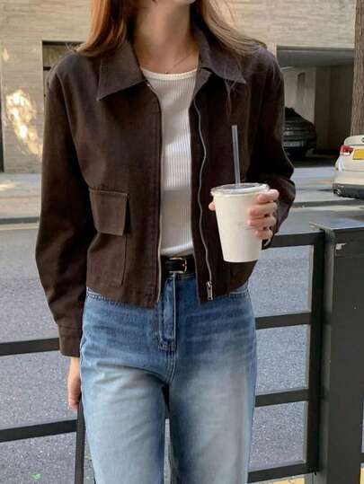 Chaqueta casual corta para mujer con cuello, tela tejida de unicolor, bolsillos, cierre de cremallera, adecuada para la escuela, vacaciones, oficina, hogar, otoño/invierno