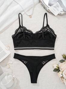 1 Set Damen Schwarzer Drahtloser Spitze Patchwork Vorderverschluss BH und Slip Set - Schwarz - Übersicht 7