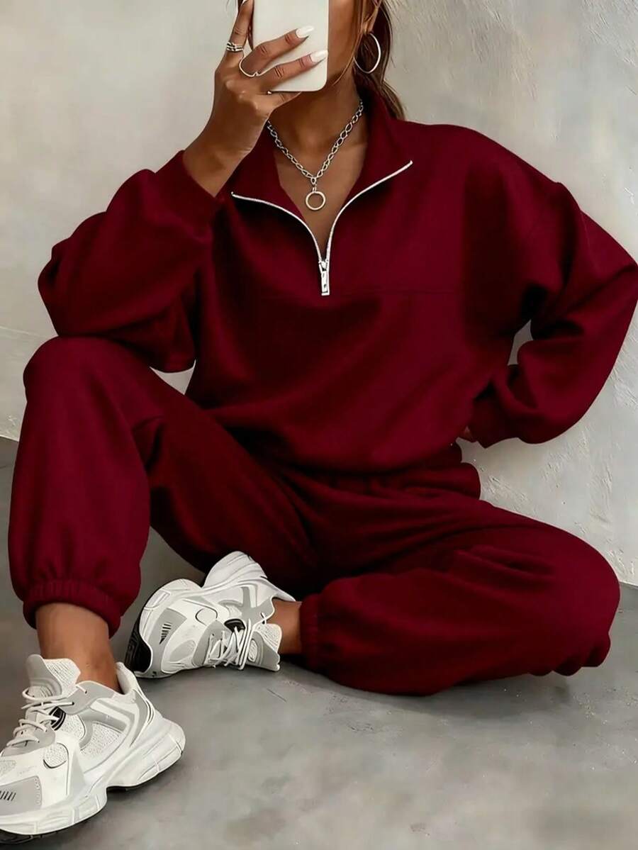 Women's Fleece-Lined Two-Piece Tracksuit - Loose Fit Autumn Casual Wear, Comfortable Sporty And Relaxed Style, Suitable For Loungewear (Multiple Colors) - 紅色 - 查看 1