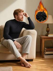 3pcs Men's Black Thermal Lined High-Neck Thermal Top Comfortable Fabric For Homewear, Sleepwear, Outdoor Sports, Ski Layering Cold-Weather Protection For Fall And Winter Seasons Seasonal Gift - Black - View 7