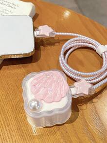 5pcs Pearl Shell & Star Pattern [20W UK Charger Protector Case] Transparent Charging Port Protector & Anti-Breakage Data Cable Protector Suit For IPhone 11/12/13/14/15/16 Pro Max/17 Pro Max/Plus | 2-In-1 Protector Set - Multicolor - View 5