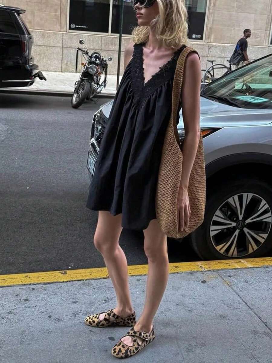 1件純色休閒波西米亞風編織布料打結口袋荷葉邊女款超寬鬆短洋裝,適合晚宴約會,春夏優雅穿搭 - 黑色 - 查看 1