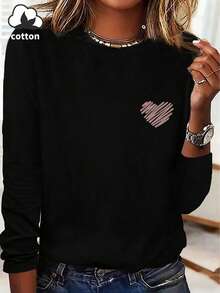 Women's Spring/Autumn Heart Print Casual Simple Loose Comfortable Street Style Long-Sleeved Cotton Crew Neck T-Shirt Top - Black - View 5