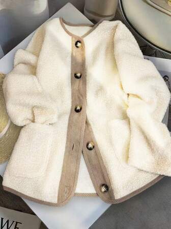 女士休闲撞色拼接口袋抓绒外套，毛绒单排扣休闲宽松常规外套，秋冬女装，秋冬季宽松大衣