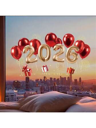 2026新年快乐静电贴纸，新年装饰玻璃门贴纸、窗贴，适用于各种场合。非常适合用作新年派对摄影背景、新年派对装饰、人像摄影、节日装饰；通过打造完美的展示效果，捕捉庆祝的精髓，将您的聚会变成难忘的盛会。