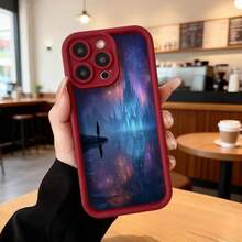 Funda para telefono con borde negro diseño de paisaje místico con figura solitaria y reflejo en agua tonos púrpura azul y naranja para uso diario y viajes Aplicable a los teléfonos de la serie Apple y Galaxy - Blanco - Ver 5
