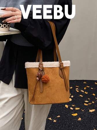 秋冬新款韩版休闲时尚高品质可爱甜美女士绒面拼接水桶包，适合外出、通勤，优雅女士单肩包和手提包