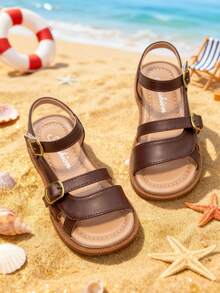 儿童凉鞋，幼儿男女童夏季沙滩鞋，带可调节双绑带 - 棕色 - 查看 2