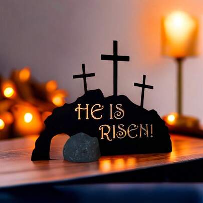 1pc "He Is Risen" Sacred Wooden Easter Decoration - Jesus Symbol Tomb Hanging Ornament, Christian Home & Office Decor, Battery-Free, Elegant Style, Religious Theme
