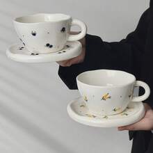 Cabin Kangaroo 1 Set Hand-Painted 3D Cherry Ceramic Cup & Saucer Set, Vintage Inspired Cherry & Blueberry Coffee Cup, Unique Countryside Style Afternoon Tea Set