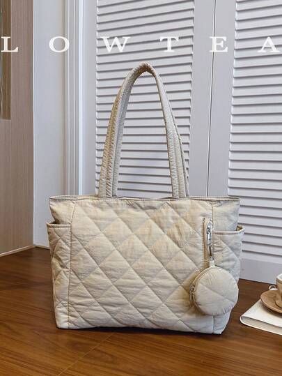 新款大容量菱格纹双提手女士单肩包，轻便易携，适合夏季户外旅行，配有挂饰，必备旅行背包