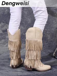 Beige Three-Layer Fringe Slip-On Chunky Low Heel Round Toe New Elegant Versatile Commute Daily Fashion Mid-Calf Boots, Western Boots - Beige - View 5