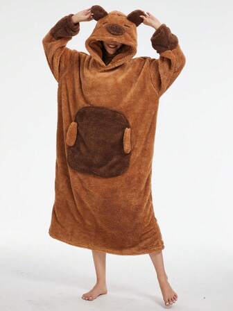 Cute Capybara Long Sleeve Hooded Wearable Blanket, Women's Winter Hooded Loungewear Robe, Thick Animal Themed Party Costume Robe