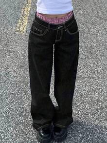 Back To School Y2K Streetwear Wide Leg Jeans Slant Pockets Wash Denim Pants Cozy High Quality Daily Casual Outdoor Fall/Winter Women Clothes - Carbon Black and Yellow Lines - View 1