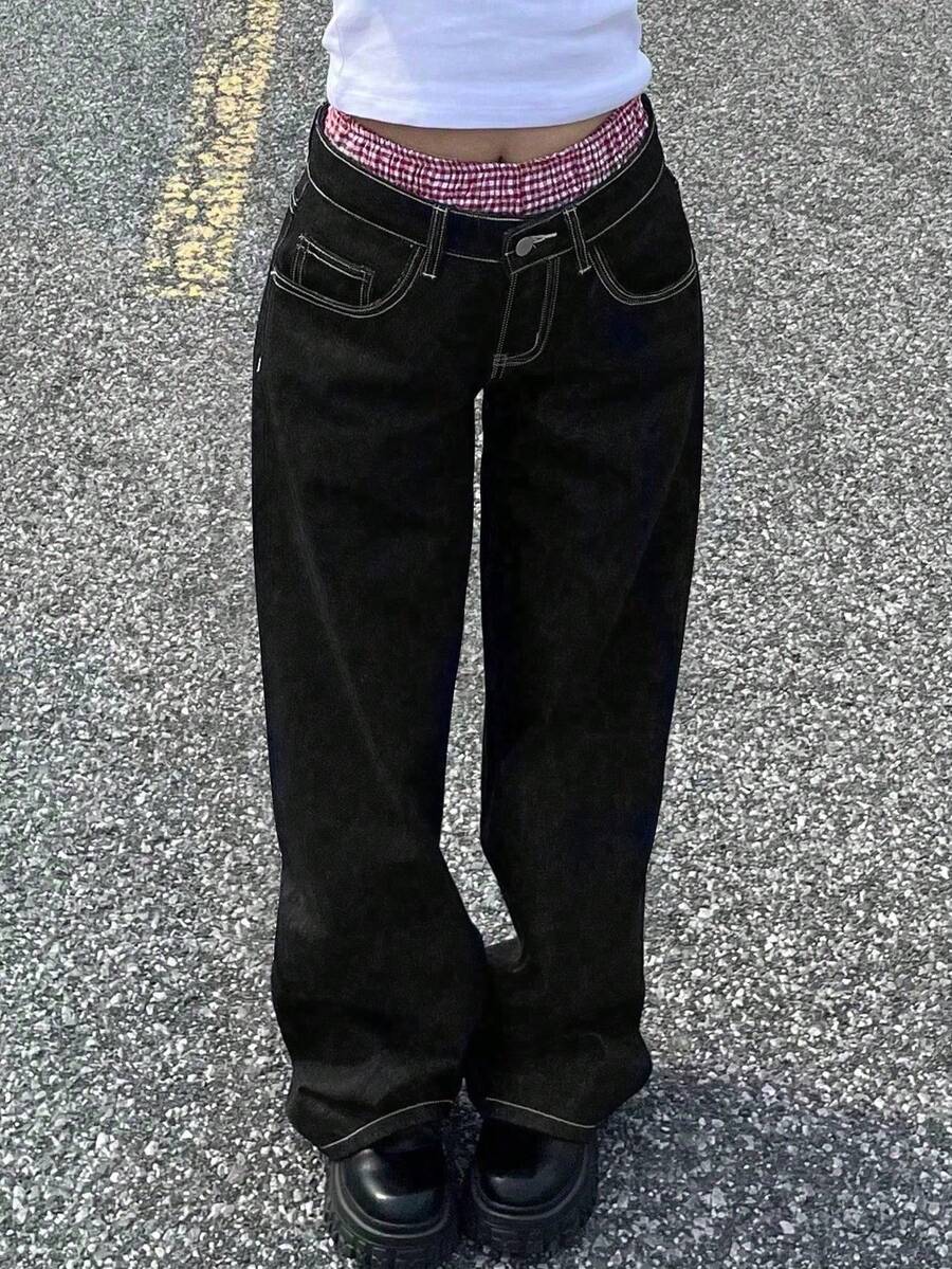 Back To School Y2K Streetwear Wide Leg Jeans Slant Pockets Wash Denim Pants Cozy High Quality Daily Casual Outdoor Fall/Winter Women Clothes - Carbon Black and Yellow Lines - View 1