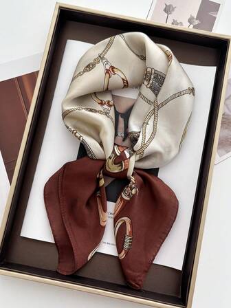 1 pieza Nuevo pañuelo cuadrado de 70 cm de estilo coreano con decoración de cadena de seda sintética elegante, chal de satén para el cuello, versátil para diadema de pelo en primavera/verano, accesorio de pelo de invierno