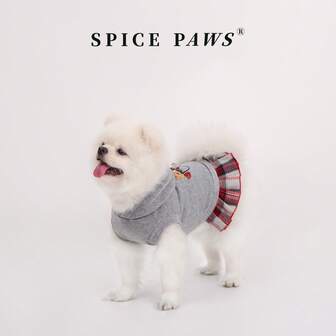 宠物狗连衣裙，可爱小熊印花格子裙卫衣两用，休闲二合一狗狗连衣裙，适合小型/中型犬猫，秋冬季日常穿搭及圣诞礼物