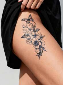 CAT QUEEN ART Herbal Juice Semi-Permanent Y2K Large Arm Tattoo Sticker, Elegant Floral & Butterfly Design, 1-2 Weeks No Fading, For Thigh, Chest, Abdomen, Back, 1pc/Pack - Blue - View 5