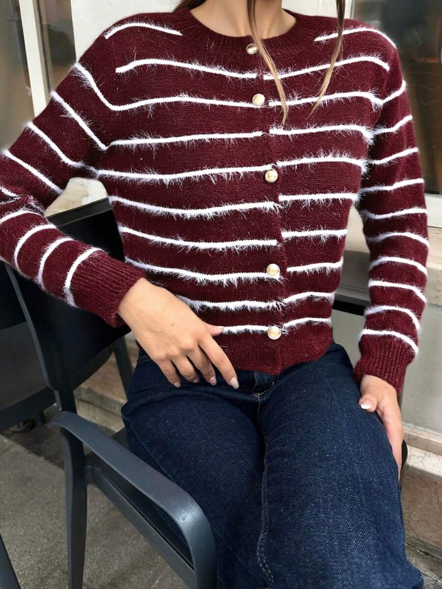 Cárdigan de punto a rayas con botones para mujer, adecuado para vacaciones, uso diario y oficina, otoño/invierno - Multicolor - Ver 1