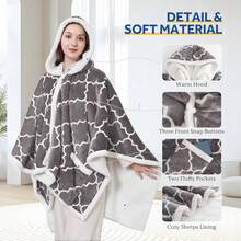Wearable Heated Throw Blanket, Flannel & Sherpa Throw Shawl Poncho With Hoodie & Pocket, 6 Heating Levels & 2-10 Hours Auto Shut Off, Washable, 50x60 Inch, - Navy - View 10