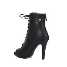 Botas femininas de salto alto de 9,5 cm para dança jazz/moderna, bico aberto, cadarço, zíper traseiro, sola listrada, salto fino, adequadas para festas e bailes. Disponíveis em preto e marrom, adequadas para todas as estações. - Preto fosco - Ver 3