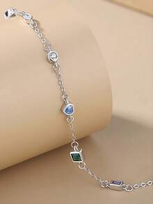 1条S925纯银小爱心手链，女士简约方形祖母绿锆石水滴轻盈奢华手链，个性化椭圆形手链礼品 - 方形 - 查看 4