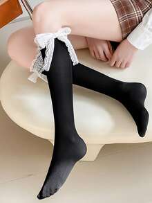 1双女士日系蕾丝蝴蝶结小腿袜，黑白JK甜美可爱洛丽塔学院风 - 彩色 - 查看 2