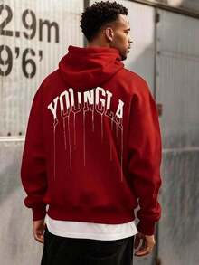 Unique Tailor - Men's Casual Novel Hoodie With YOUNGLA Text Pattern, Daily Casual Wear, Autumn And Winter Gifts, Comfortable And Versatile, Fashionable Street, Suitable For Daily And Outdoor Wear - 紅色 - 查看 2
